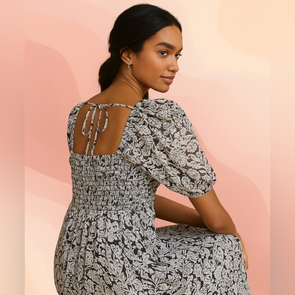 👗🌟Anthropologie Square Neck Smocked Midi Dress Boho Floral Black White XS 0 2 - Picture 2 of 12
